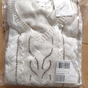 Belle Chic Cream V-Neck Sweater with Sequin Accents